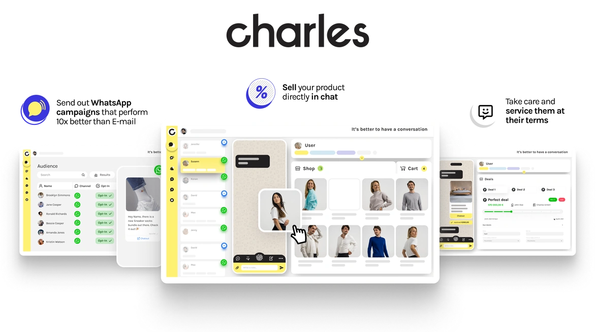 Charles software as a services functions - Send out WhatsApp campaigns that perform better, sell your product directly in chat